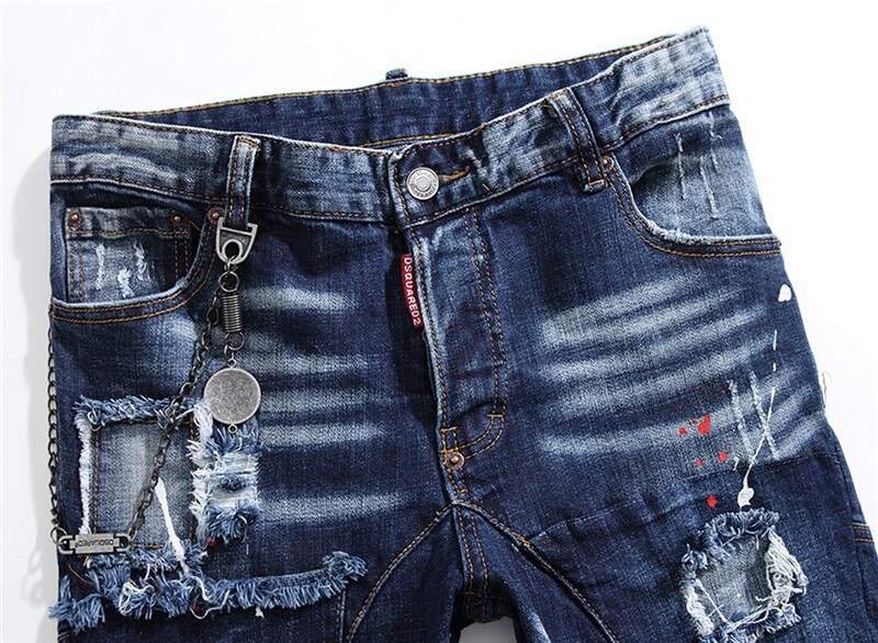 Men Skinny Ripped Denim Jeans Luxury Brand Dsq2 Street Wear Long Jeans Holes High Quality Male Stretch Fit Casual Denim Trousers