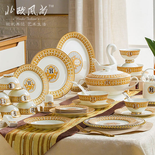 Free combination of high-end bone china single bowl dish Jingdezhen European luxury gilt edged tableware set