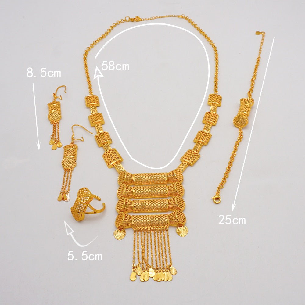 Luxury Dubai Gold Color Jewelry Sets African Bridal Wedding Flower Jewelry Sets Necklace Bracelet Earrings Ring Set Lady Gift