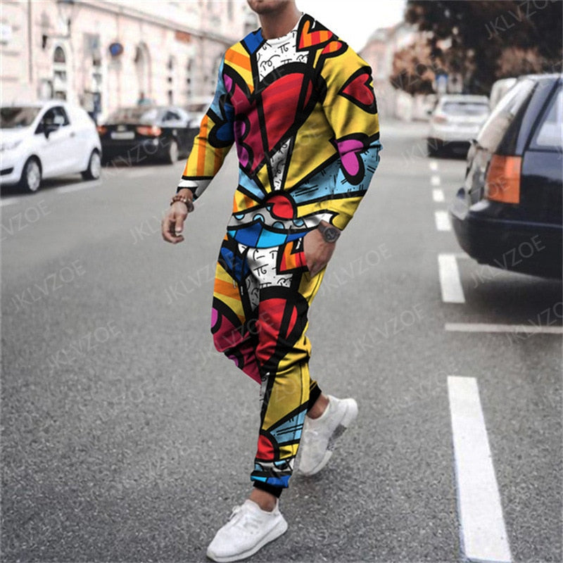 Spring Autumn Men's 2Pcs Sportswear 3d Printed Long Sleeve T Shirt Set Street Casual Two Piece Men's Plus Size Men's T Shirt Set