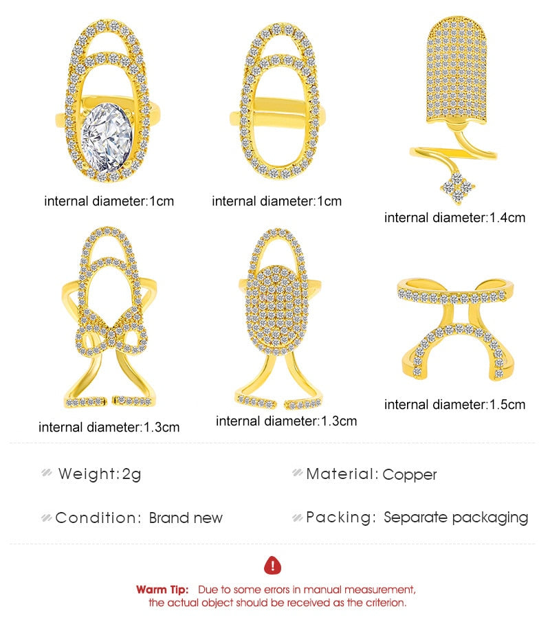 WANZHI 2022 New Fashion Copper Inlaid Zircon Nail Ring INS Selling Gold Plated Manicure Joint Ring for Women Trend Party Jewelry