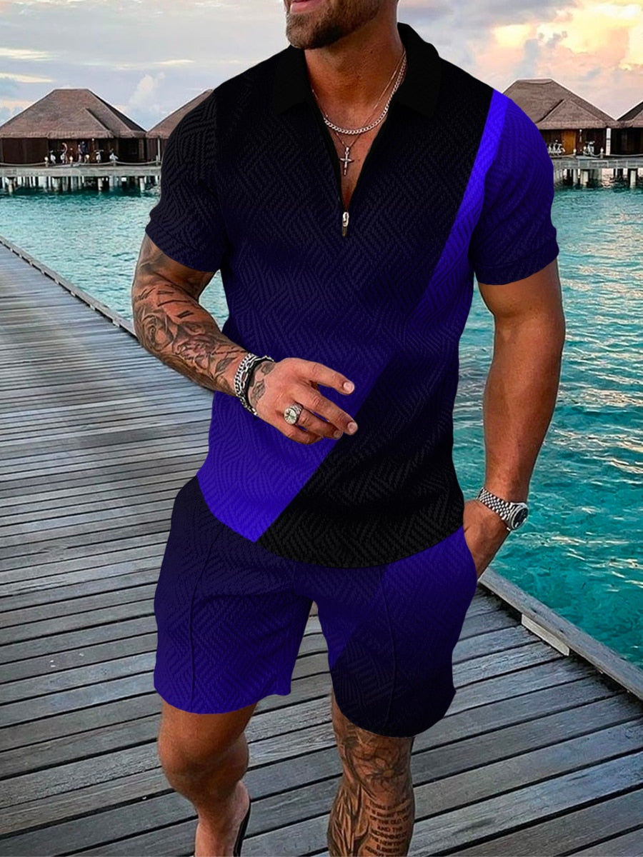 Men's Suit 3D Color Stitching Print Summer Short Sleeve Polo Shirt Shorts Suit Fashion Zipper Polo Shirt Two Piece Set New