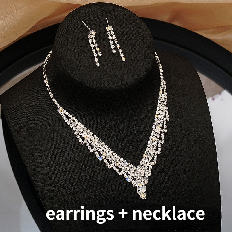 Bride Wedding Dress Necklace Earring Set Simple Full Diamond Super Flash Rhinestone Necklace Jewelry Advanced Accessories