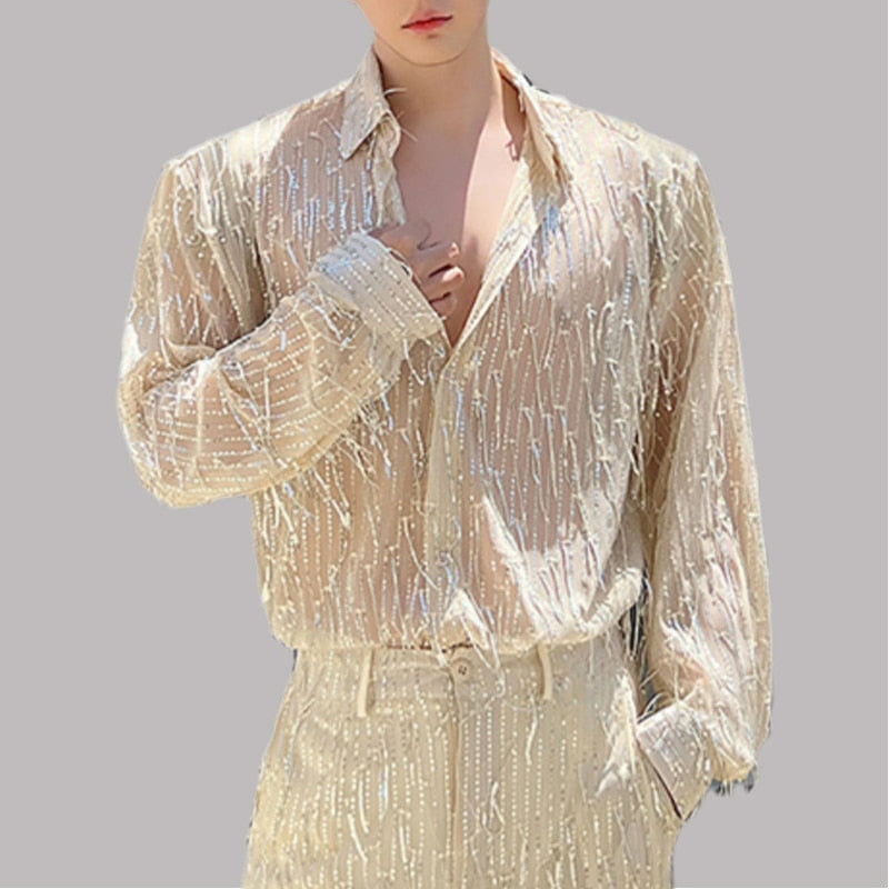 2023 Fashion Men Shirt Tassel Sequin Bead Lapel Long Sleeve  Camisetas  Men Shirts