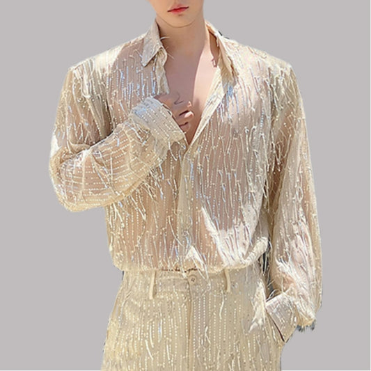 2023 Fashion Men Shirt Tassel Sequin Bead Lapel Long Sleeve  Camisetas  Men Shirts