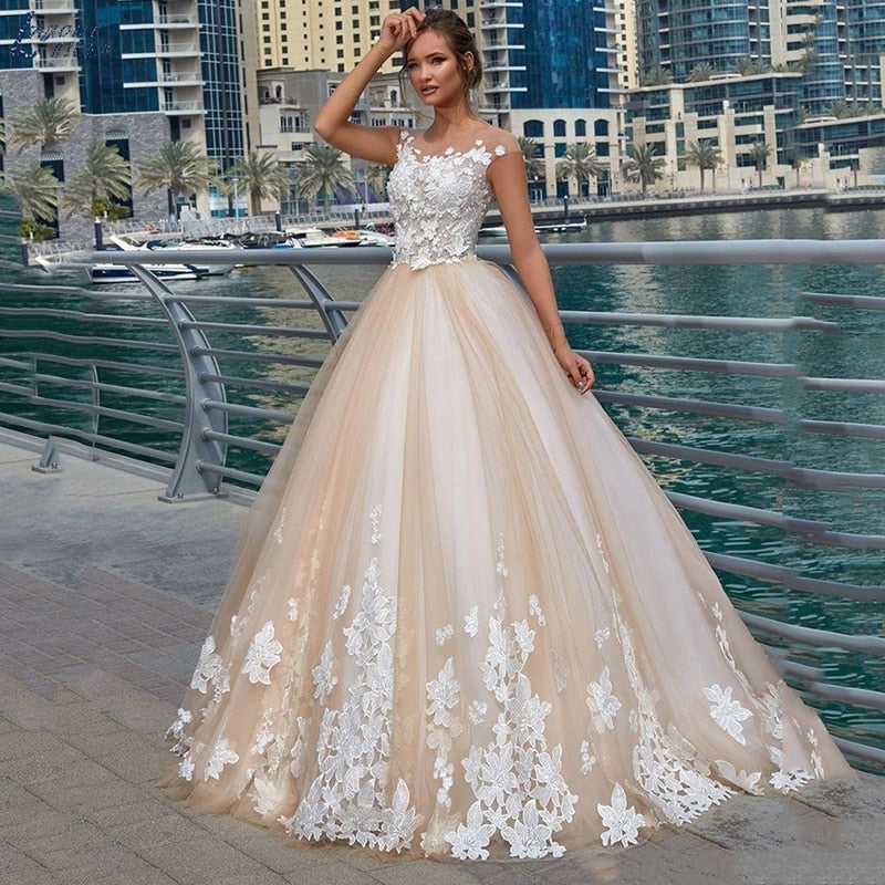 Champagne Tulle Appliques Ball Gown Wedding Dress Scoop Neck Illusion Bridal Gowns Bride свадебное платье Elegant Robe De Mariée