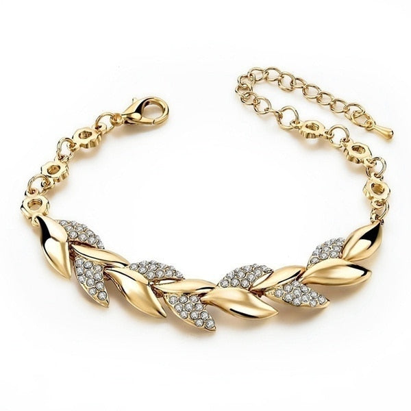 Bohemian Style Women Gold Bracelet Rhinestone Leaves Chain Bangle Luxury Gold Braided Wedding Jewelry Christmas Gift Jewelry