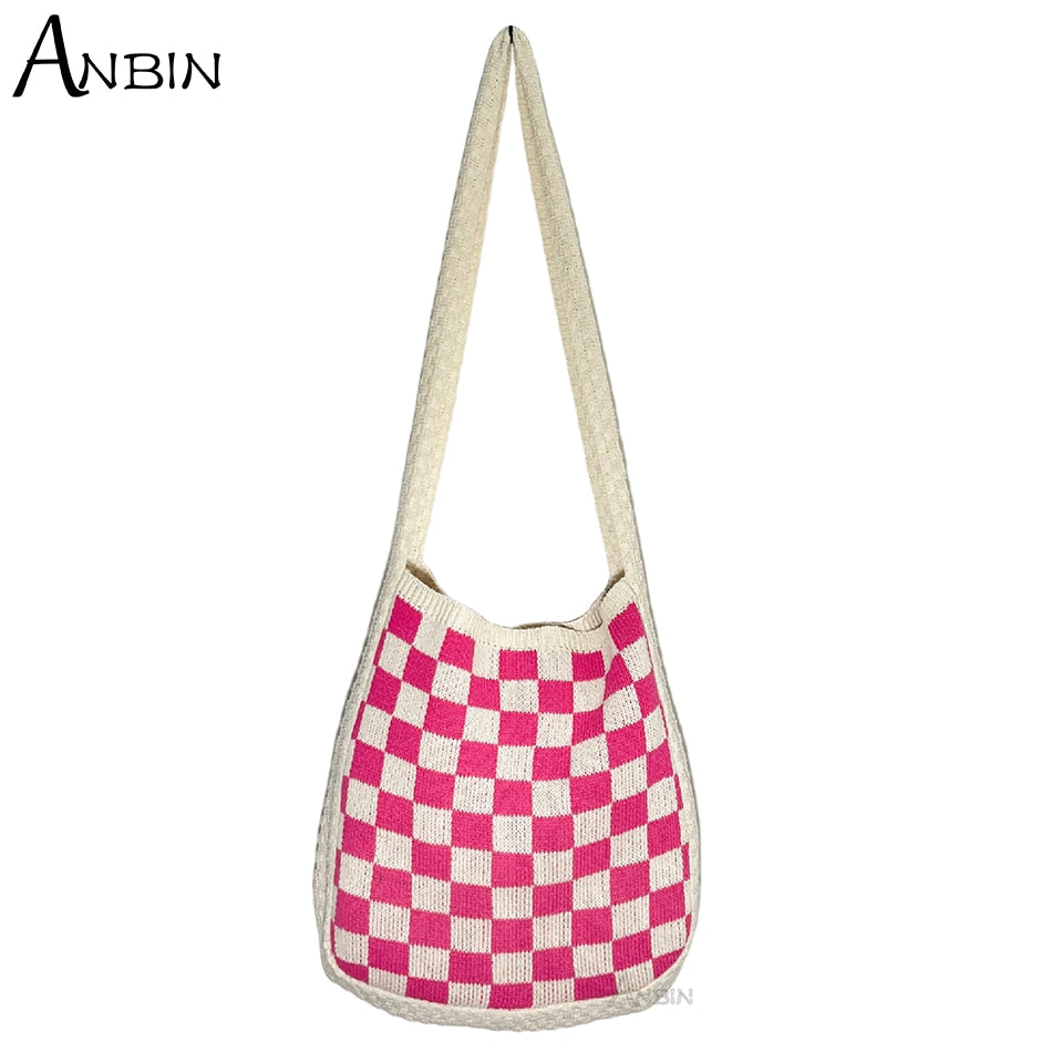 Korean Trend Women's Bag Female Shoulder Checker Plaid Design Knit Handbag Hobos Vintage Fashion Crochet Shopper Crossbody Bag