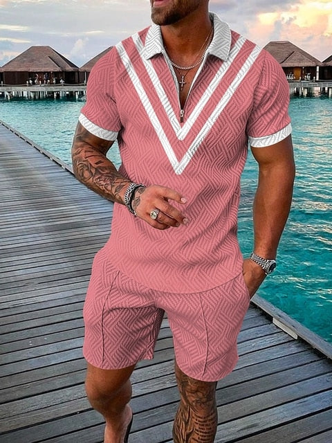 2022 Summer Men's Sportswear Suit Plaid printed short sleeve Zipper Polo Shirt Suit Vacation suit 2 pieces