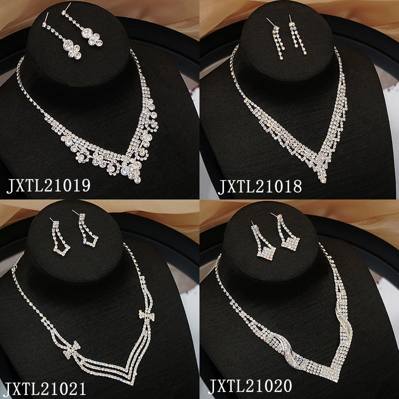 Bride Wedding Dress Necklace Earring Set Simple Full Diamond Super Flash Rhinestone Necklace Jewelry Advanced Accessories