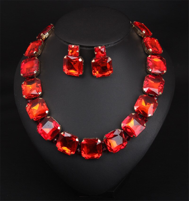 Bohemian Geometric Red Crystal Bridal Wedding Jewelry Sets For Women Statement Rhinestone Gold Color Clavicle Luxury Jewelry