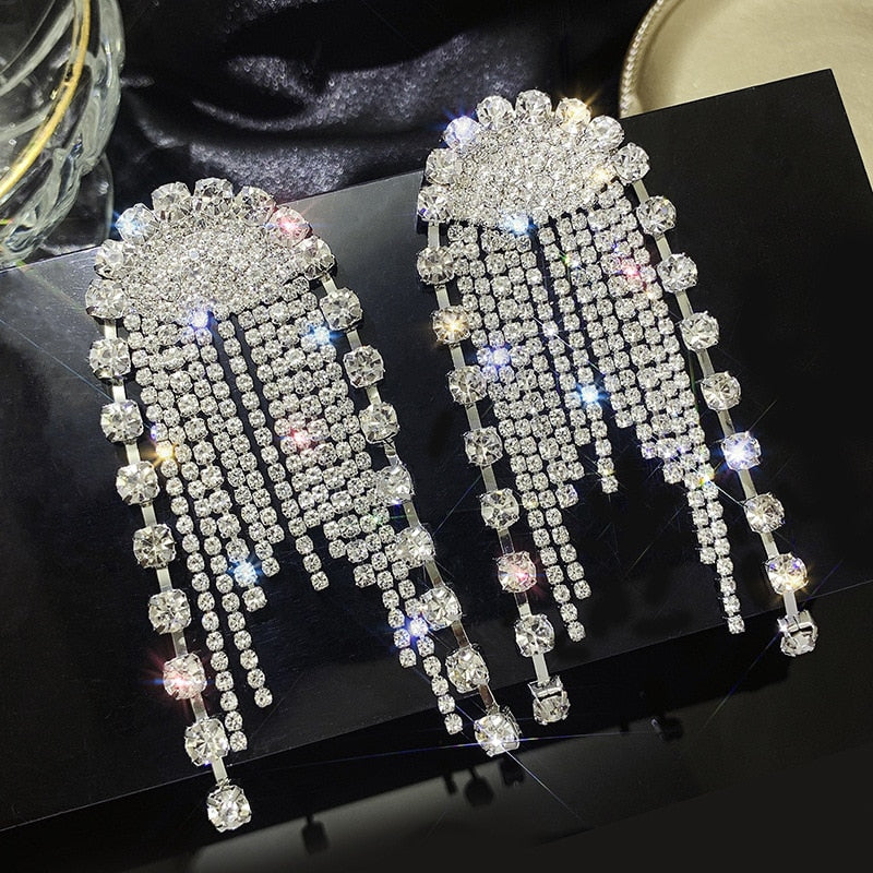 Fashion Statement Earring Long Full Rhinestone Big Earrings For Women Euorpe Evening Party Crystal Tassel Earings Wholesale