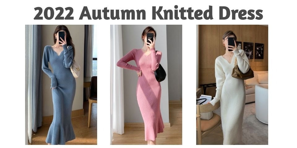 Elegant Long White Knitting Dress Women Winter V-Neck Long Sleeve Bodycon Dress Korean Office Lady High Waist Vintage Dress 2021