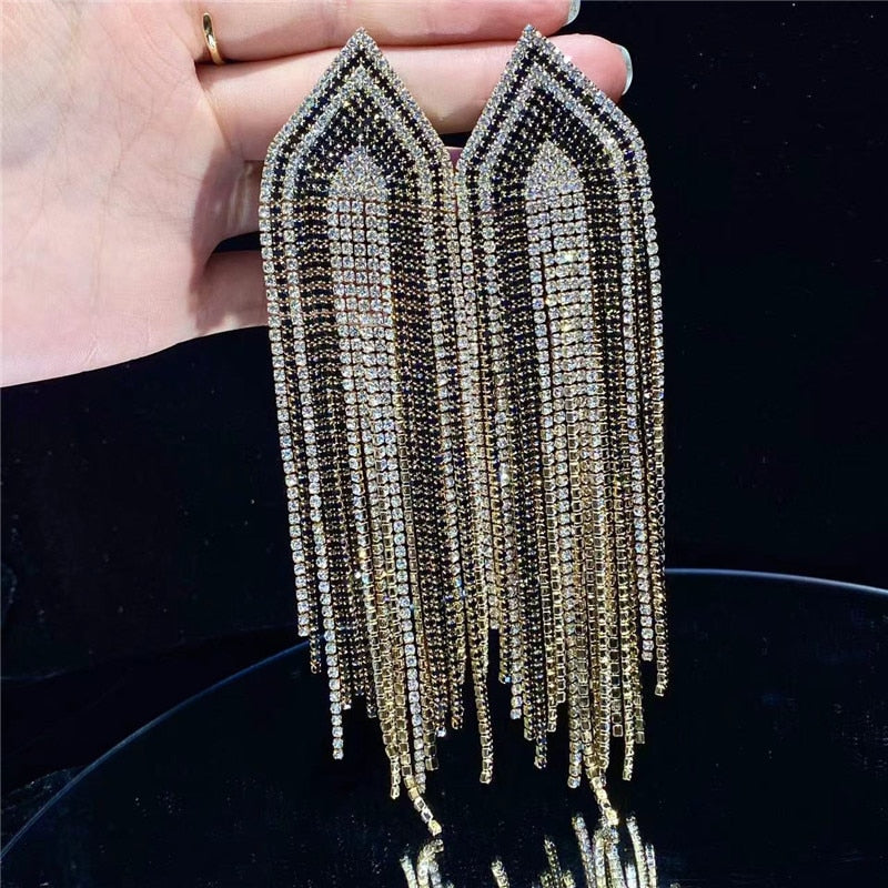 Europe And America New Exaggerated Full Rhinestone Tassel Earrings For Women Party Wedding Statement Jewelry Long Earings Gifts