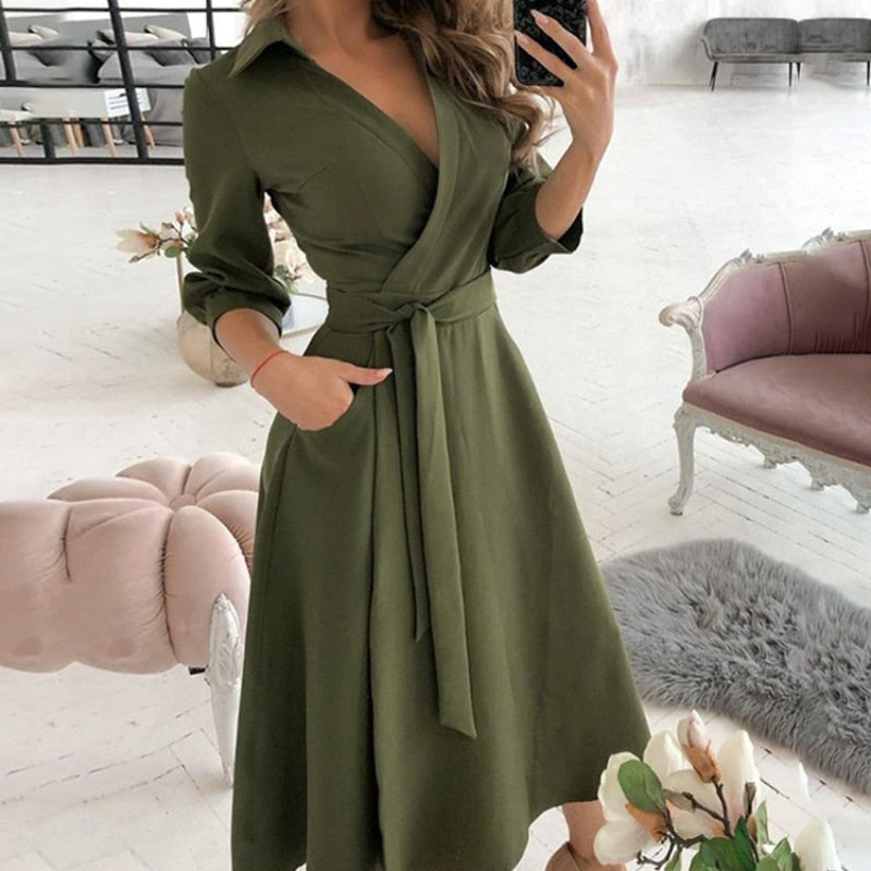 Elegant Floral Print A-line Midi Dress Women Turn-down Collar Belt Pleated Casual Dress Office Ladies Chic Autumn Vestidos 2022