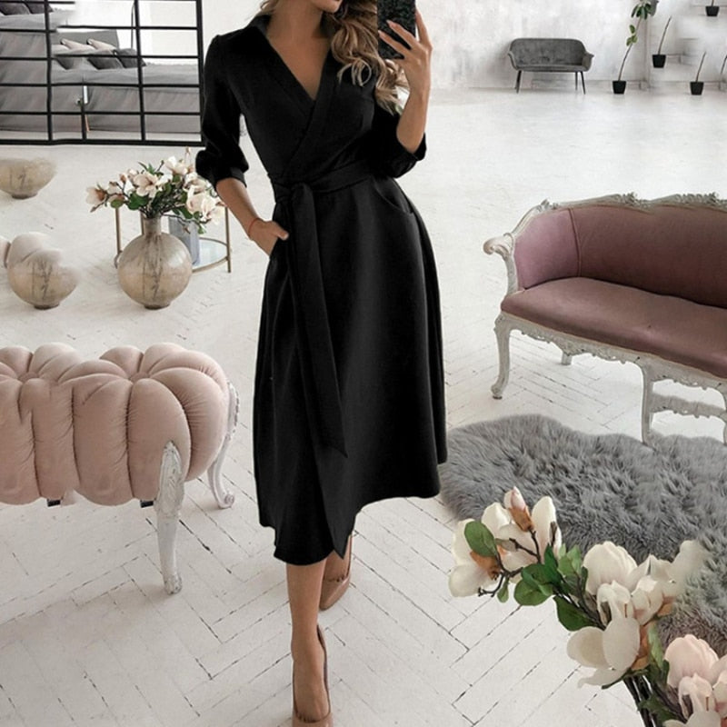 Elegant Floral Print A-line Midi Dress Women Turn-down Collar Belt Pleated Casual Dress Office Ladies Chic Autumn Vestidos 2022