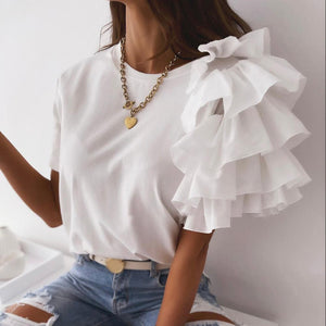 Fashion blouse women elegant white Solid Color Layered Ruffle Short Sleeve Asymmetric Loose T-shirt Top for Summer Women Blouses