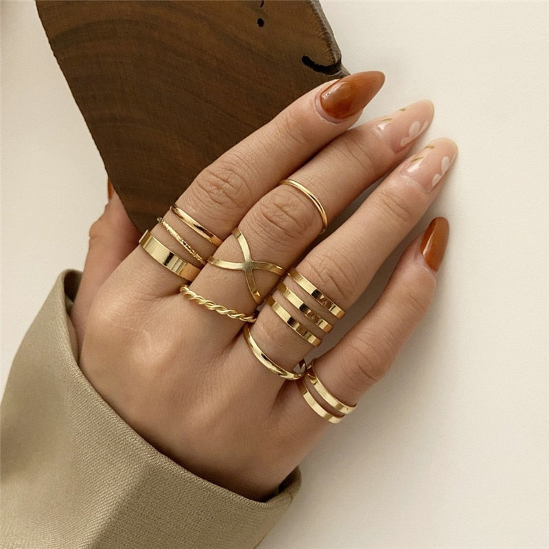 KOTiK Trendy Bohemian Midi Knuckle Ring Set For Women Gold Color Crystal Heart Flower Moon Geometric Finger Rings Jewelry Gifts