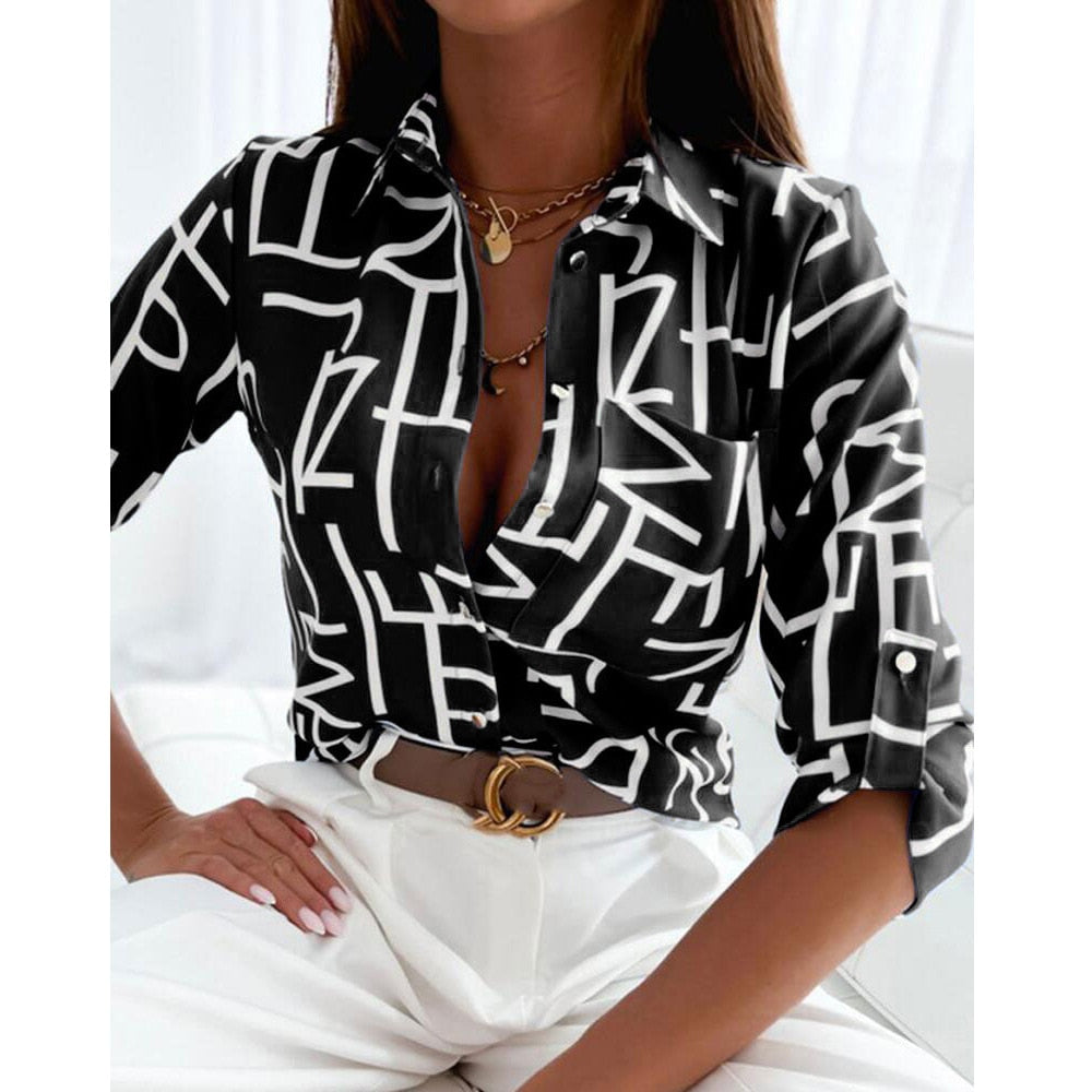 Blouses Woman Casual Office Print Shirts Autumn Fashion Button Long Sleeve White Shirt Elegant Patchwork Slim Tops Women 2022