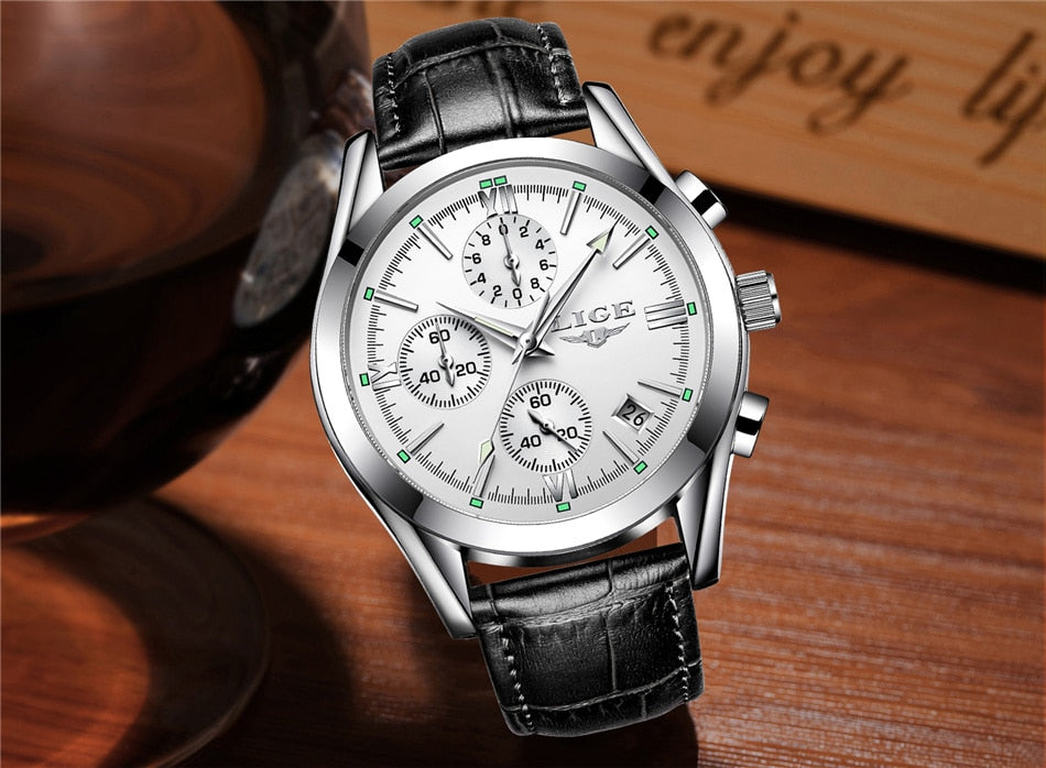 2022 LIGE New Fashion Mens Watches Top Brand Luxury Military Quartz Watch Premium Leather Waterproof Sport Chronograph Watch Men