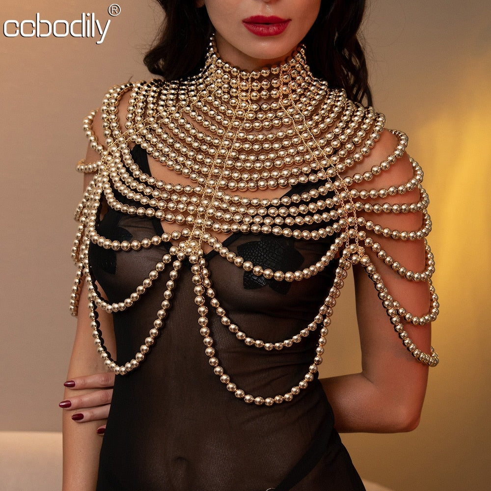 Women Pearl Shawl Necklaces Body Chain Sexy Beaded Collar Shoulder Pearl Bra Top Sweater Chain Wedding Dress Body Jewelry