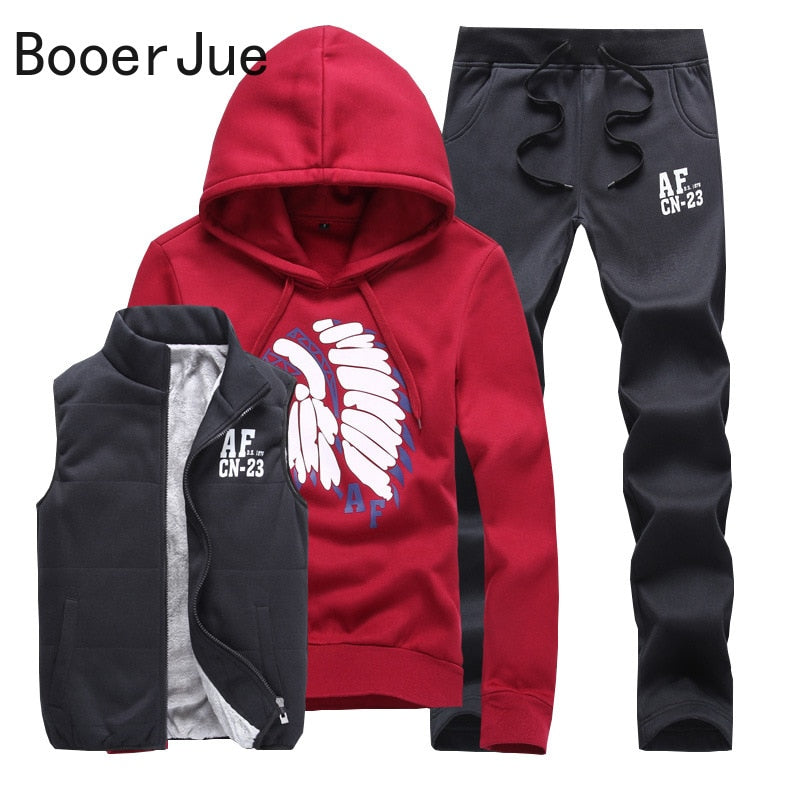 Men's Track Suit 3 Pieces Set Hoodies+Vest+Pants Casual Clothing Coats Winter Thick Warm Tracksuit for Men Printed Mens Set Vest