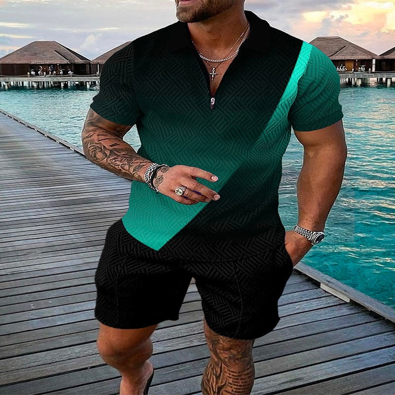 Men's Suit 3D Color Stitching Print Summer Short Sleeve Polo Shirt Shorts Suit Fashion Zipper Polo Shirt Two Piece Set New