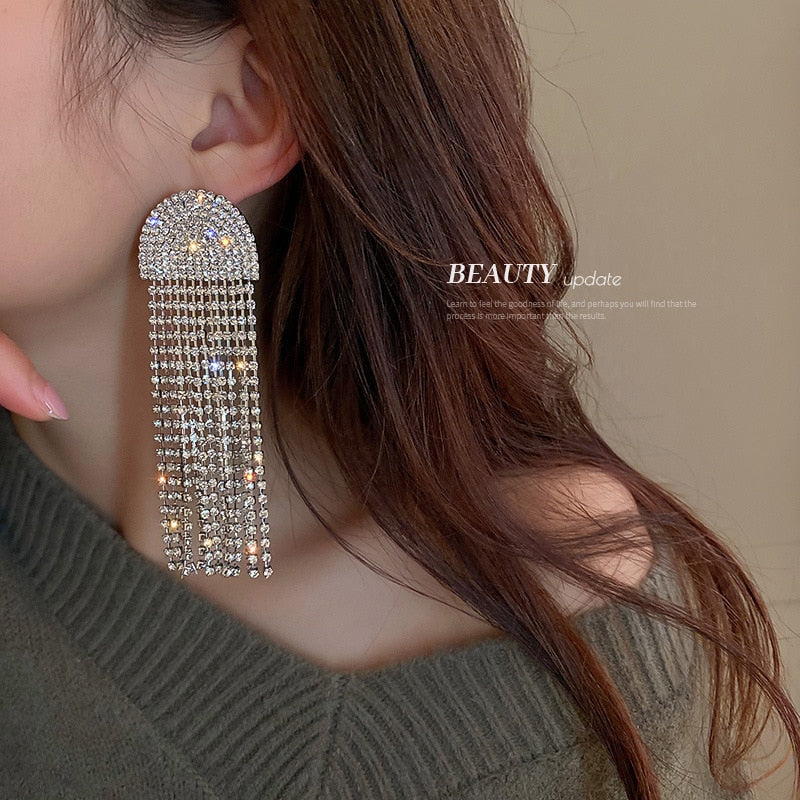 Europe And America New Exaggerated Full Rhinestone Tassel Earrings For Women Party Wedding Statement Jewelry Long Earings Gifts