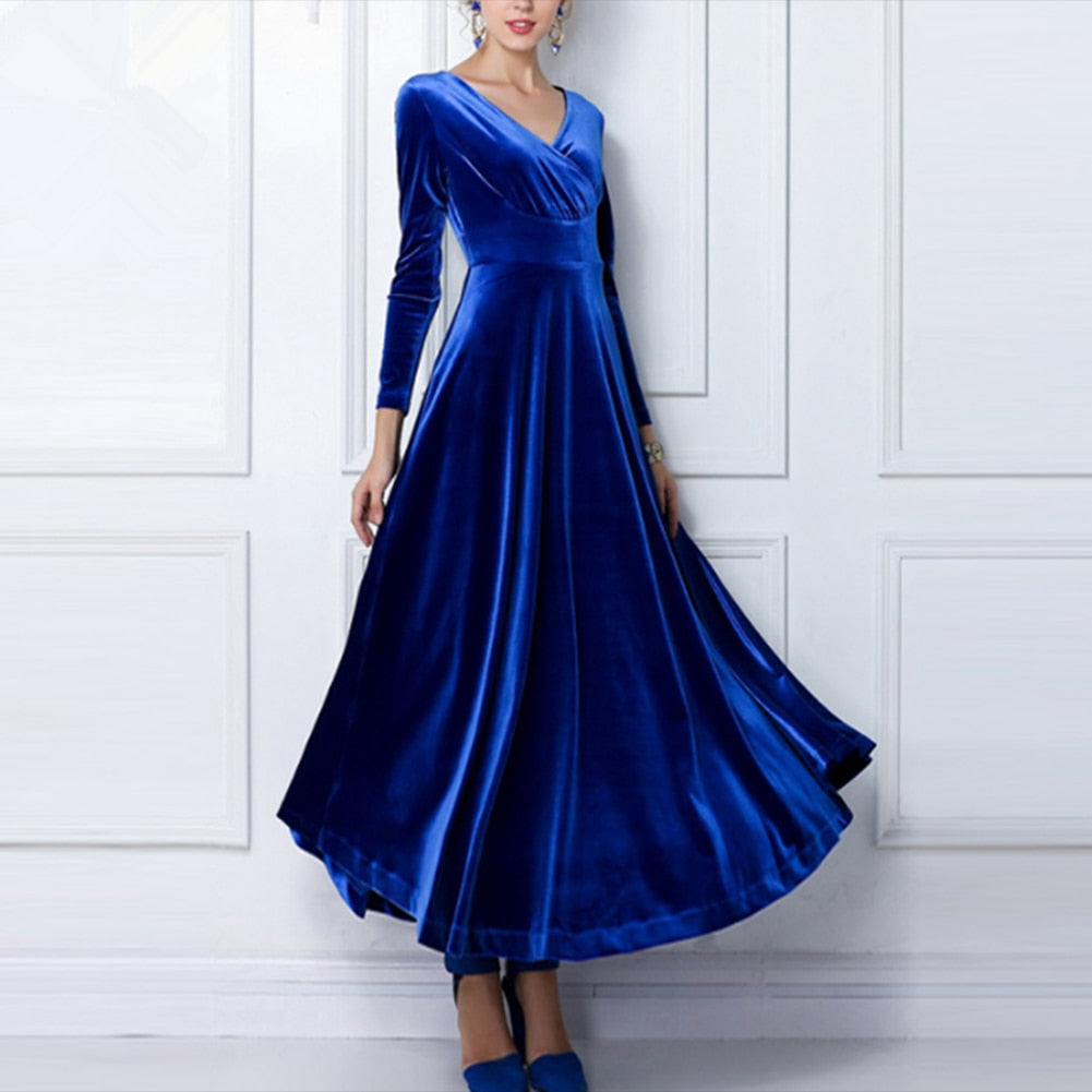 Autumn Winter Long Sleeve V Neck Pleated Banquet Party Maxi Dress Women's Elegant Vintage Sheath Bodycon Pencil Velvet Dress