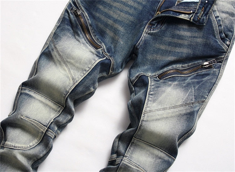 High Quality Fashion Stitching Jeans Slim Cotton Zipper Mid-Waist Casual Hip Hop Motorcycle Street Style Dtretch Pants