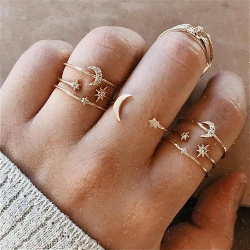 KOTiK Trendy Bohemian Midi Knuckle Ring Set For Women Gold Color Crystal Heart Flower Moon Geometric Finger Rings Jewelry Gifts