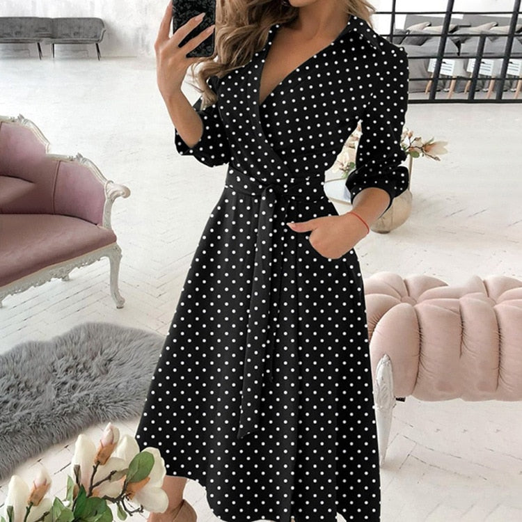 Elegant Floral Print A-line Midi Dress Women Turn-down Collar Belt Pleated Casual Dress Office Ladies Chic Autumn Vestidos 2022