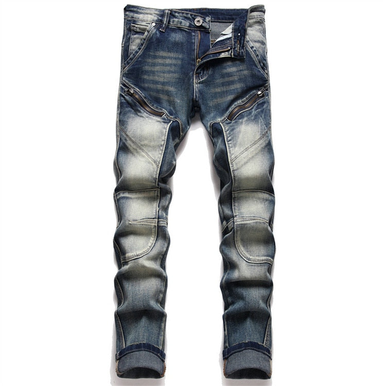 High Quality Fashion Stitching Jeans Slim Cotton Zipper Mid-Waist Casual Hip Hop Motorcycle Street Style Dtretch Pants