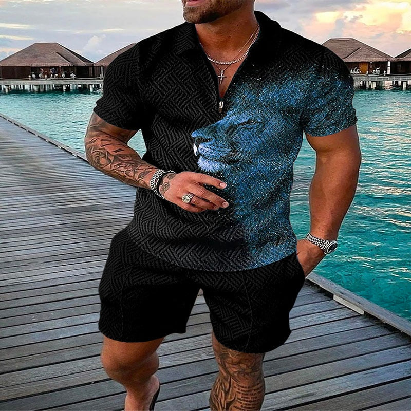 Men's Suit 3D Color Stitching Print Summer Short Sleeve Polo Shirt Shorts Suit Fashion Zipper Polo Shirt Two Piece Set New