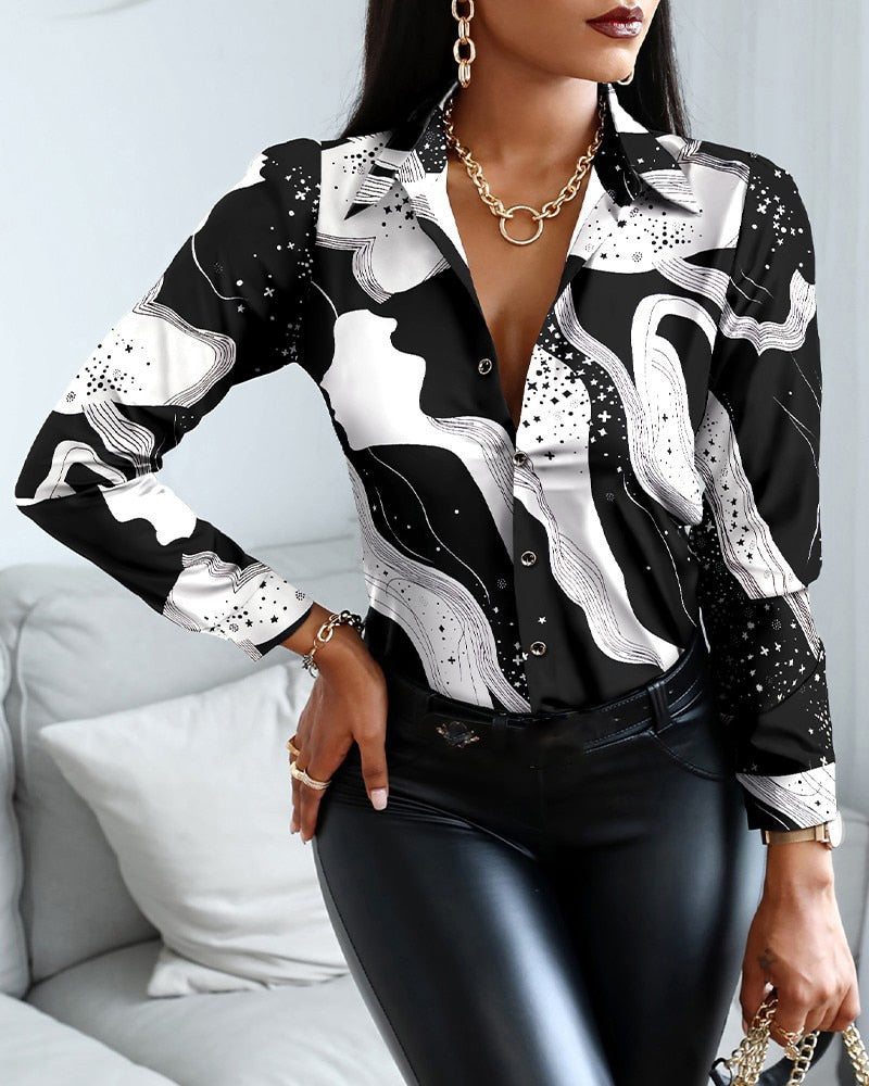 Blouses Woman Casual Office Print Shirts Autumn Fashion Button Long Sleeve White Shirt Elegant Patchwork Slim Tops Women 2022