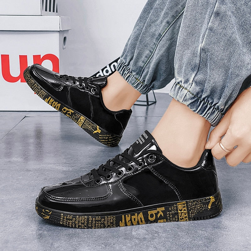 Susugrace Casual Leather Shoes for Men Gold Silver Black Couple Street Footwear Outdoor Lace-up Fashion Men Sneakers Hot Sale