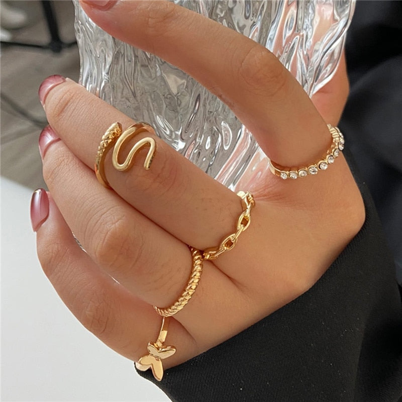 Boho Gold 22pcs Heart Rings Set For Women Vintage Geometric Cross Pearl Butterfly Finger Rings Women's 2022 Trendy Jewelry Gift