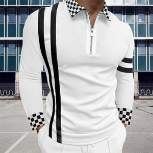 2023 New Trend Men's FashionGrid stripe Lapel Shirt Long Sleeve Men's Stitching Casual Sport T-shirt Tops US S-3XL