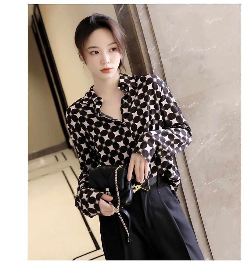 Office Lady Elegant Geometric Print Button Chiffon Shirt Spring Autumn 2022 Polo-Neck Long Sleeve Loose Blouse Women's Clothing