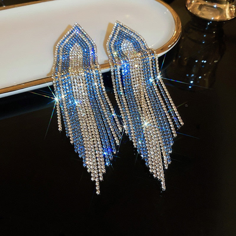 Europe And America New Exaggerated Full Rhinestone Tassel Earrings For Women Party Wedding Statement Jewelry Long Earings Gifts