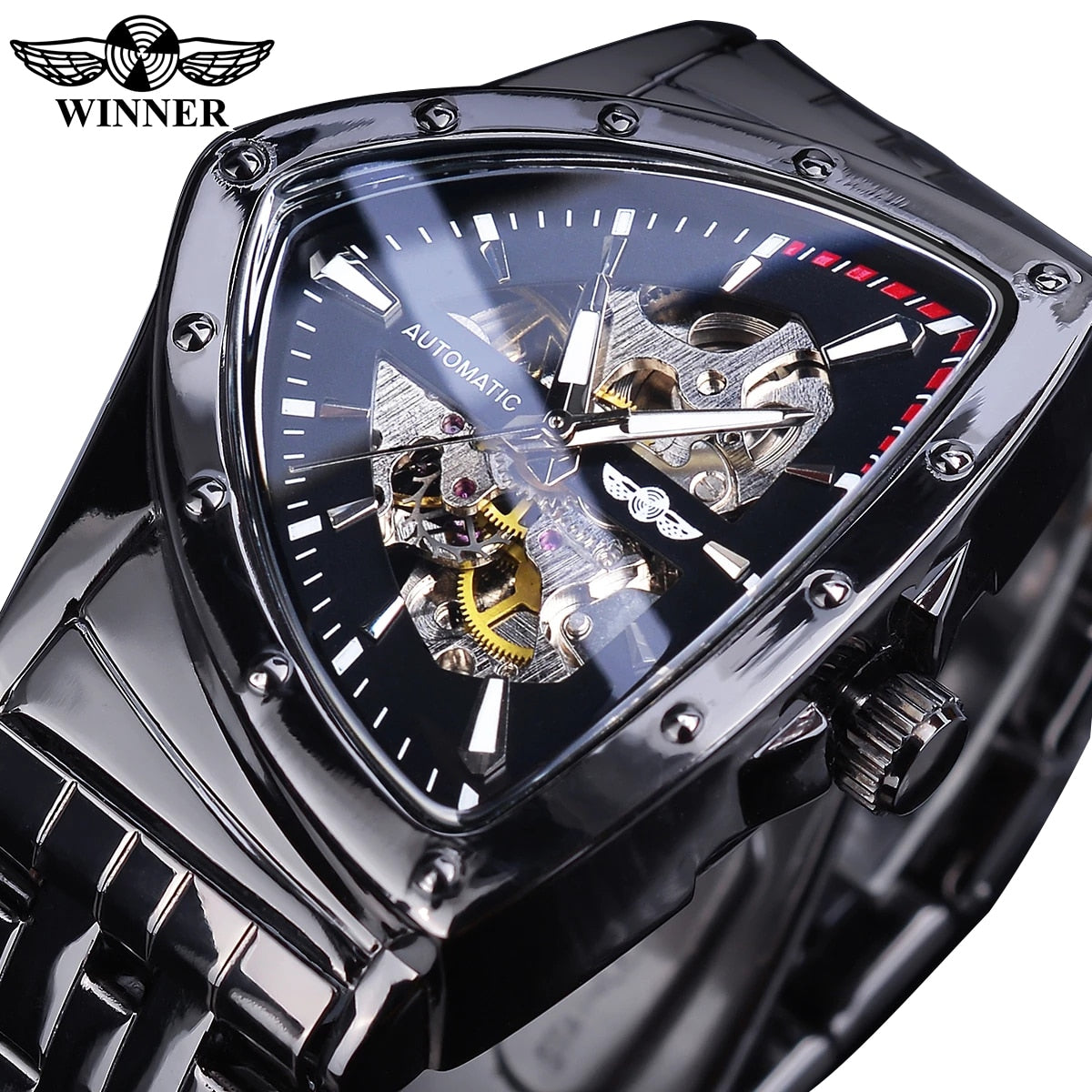 Winner Golden Stainless Steel Watch Steampunk Swiss Design Mens Triangle Skeleton Transparent Automatic Mechanical Male Watches