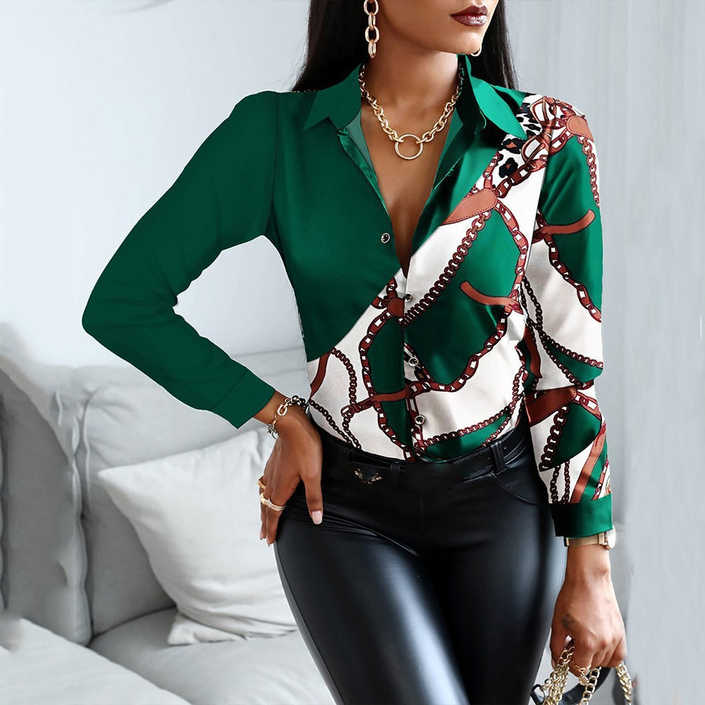 Blouses Woman Casual Office Print Shirts Autumn Fashion Button Long Sleeve White Shirt Elegant Patchwork Slim Tops Women 2022