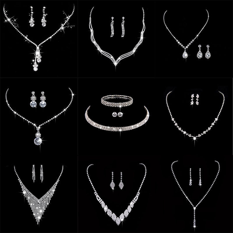 New Fashion Crystal Bride 2 Piece Set Rhinestone Wedding Dress Party Necklace Earring Set Women's High Grade Jewelry Gift