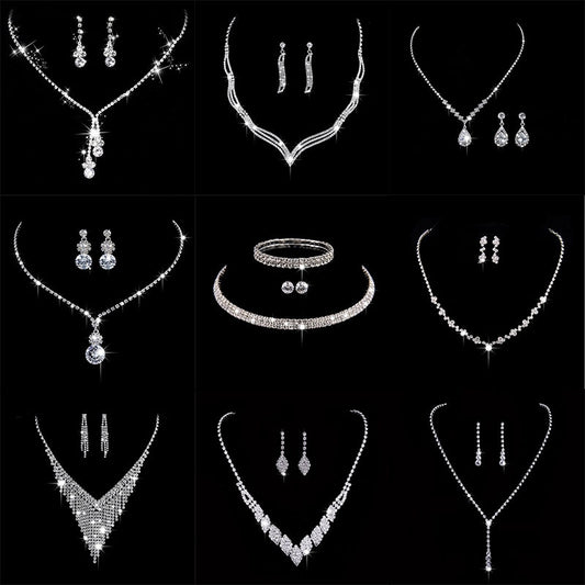 New Fashion Crystal Bride 2 Piece Set Rhinestone Wedding Dress Party Necklace Earring Set Women's High Grade Jewelry Gift