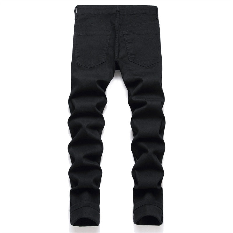 Black Men's Digital Print Cotton Jeans Mid-Waist Casual Hip Hop Pants Street Bike Fashion Clothing