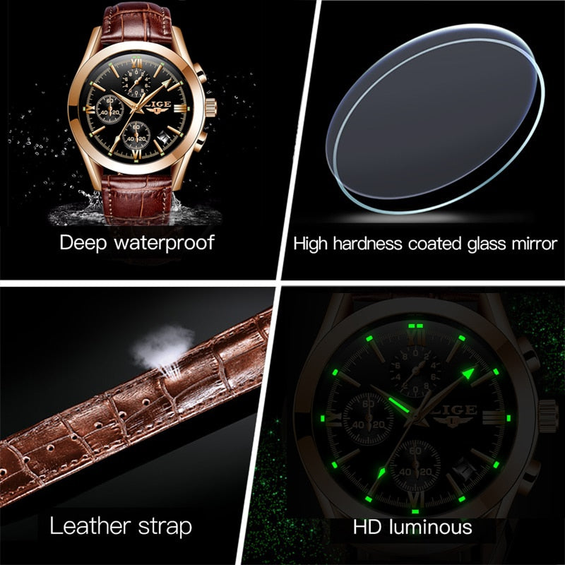 2022 LIGE New Fashion Mens Watches Top Brand Luxury Military Quartz Watch Premium Leather Waterproof Sport Chronograph Watch Men