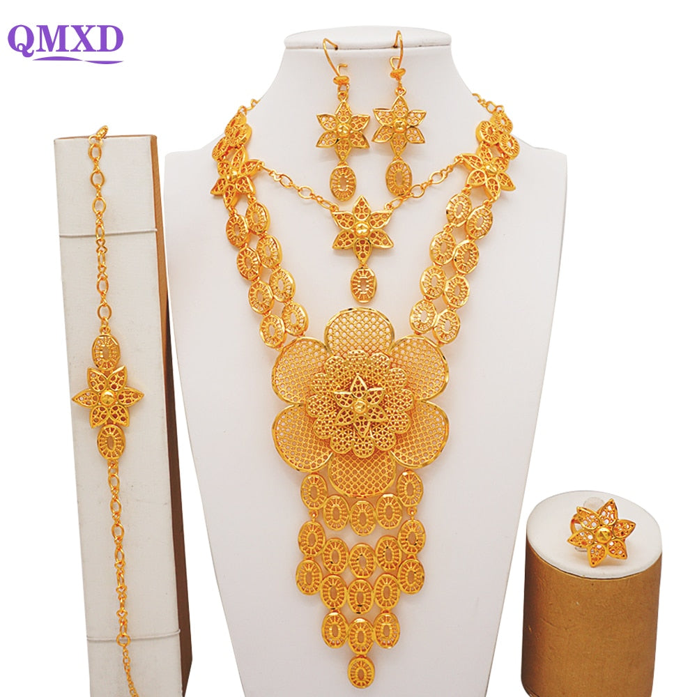 Luxury Dubai Gold Color Jewelry Sets African Bridal Wedding Flower Jewelry Sets Necklace Bracelet Earrings Ring Set Lady Gift