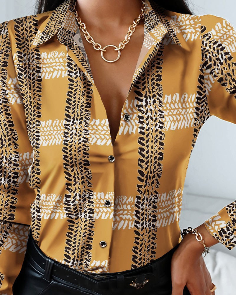 Blouses Woman Casual Office Print Shirts Autumn Fashion Button Long Sleeve White Shirt Elegant Patchwork Slim Tops Women 2022