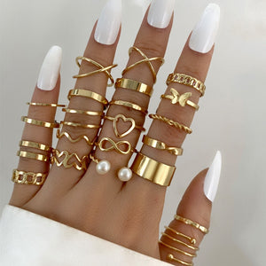 Boho Gold 22pcs Heart Rings Set For Women Vintage Geometric Cross Pearl Butterfly Finger Rings Women's 2022 Trendy Jewelry Gift