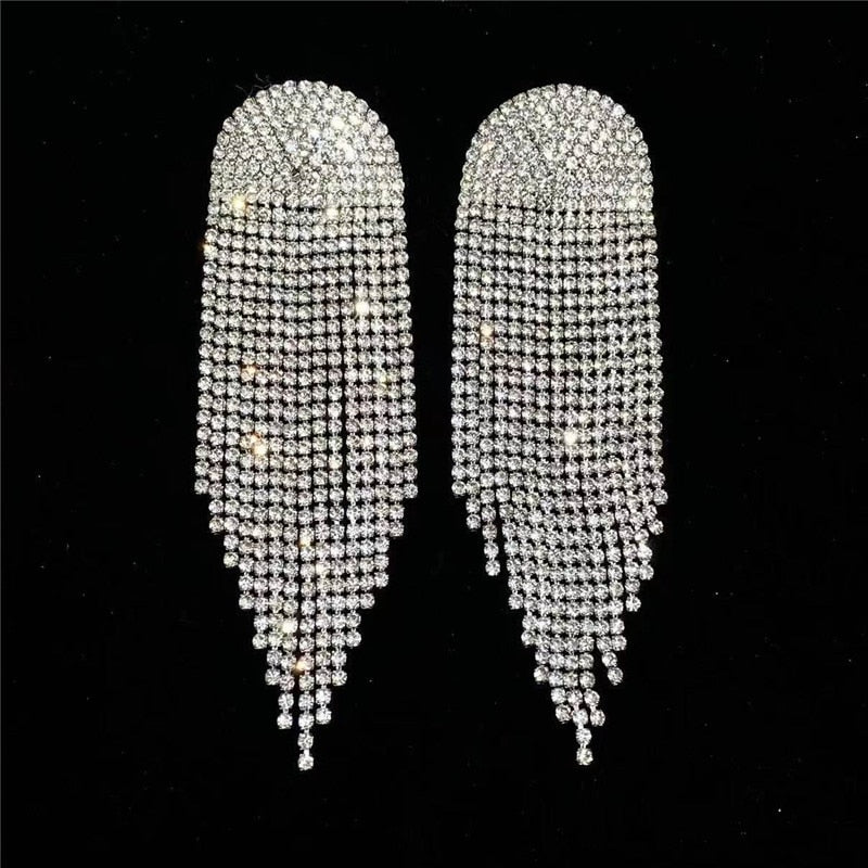 Europe And America New Exaggerated Full Rhinestone Tassel Earrings For Women Party Wedding Statement Jewelry Long Earings Gifts